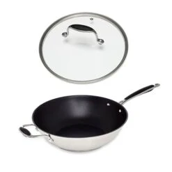 Lot Wok Inox Antiadhérent Et Couvercle Verre 30 Cm Excell'Inox