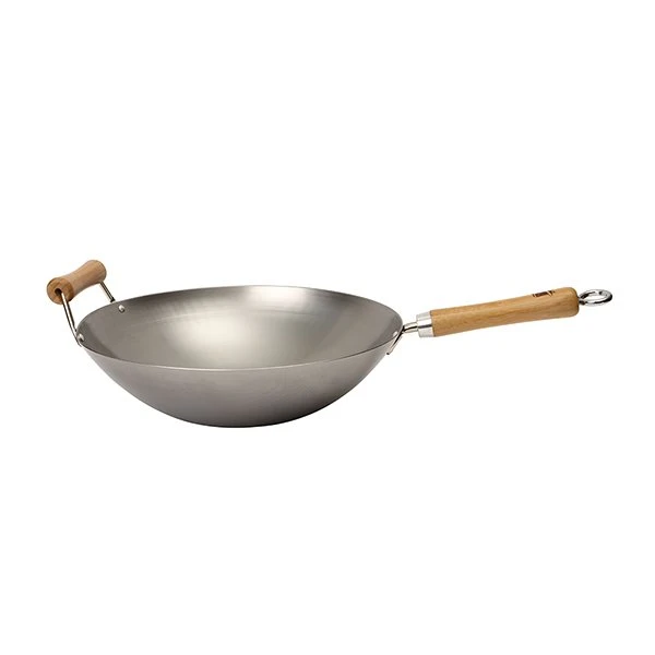 Wok Fond Plat Tôle Acier Blanche 2 Poignées 36 Cm Be A Wok Star